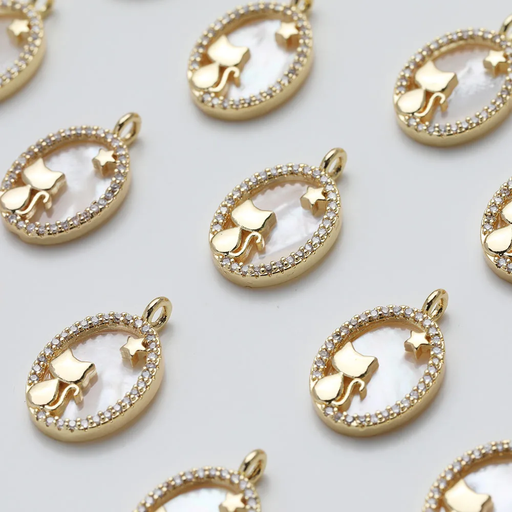 1pcs Oval Shell Cats Charms for Jewelry Making Pendant Supplies DIY Brass 14K Gold Plated Accessories 12*19mm