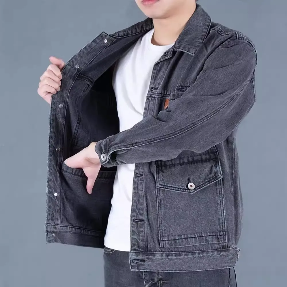 Wear-Resistant Casual Loose Men's Denim Jacket Spring Autumn Long Sleeve Workwear Multi-Pocket Outerwear for Daily Use