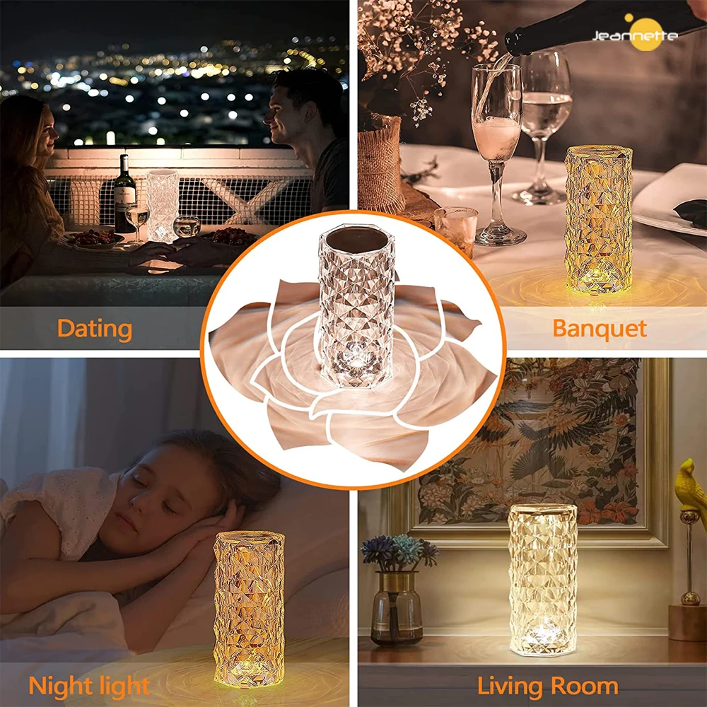 LED Crystal Table Lamp Rose Light Projector 3/16 Colors Touch Adjustable Romantic Diamond Decorate Light USB Touch Night Light