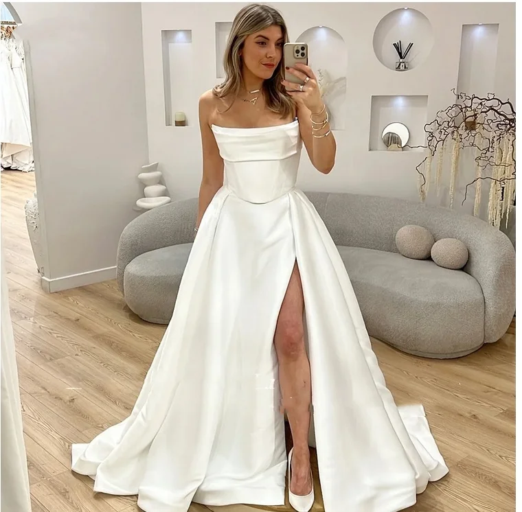 Personalizado feito para medidas vestidos de casamento linha a cetim sólido sem alças fitas trem varredura vestidos de noiva vintage personalizado