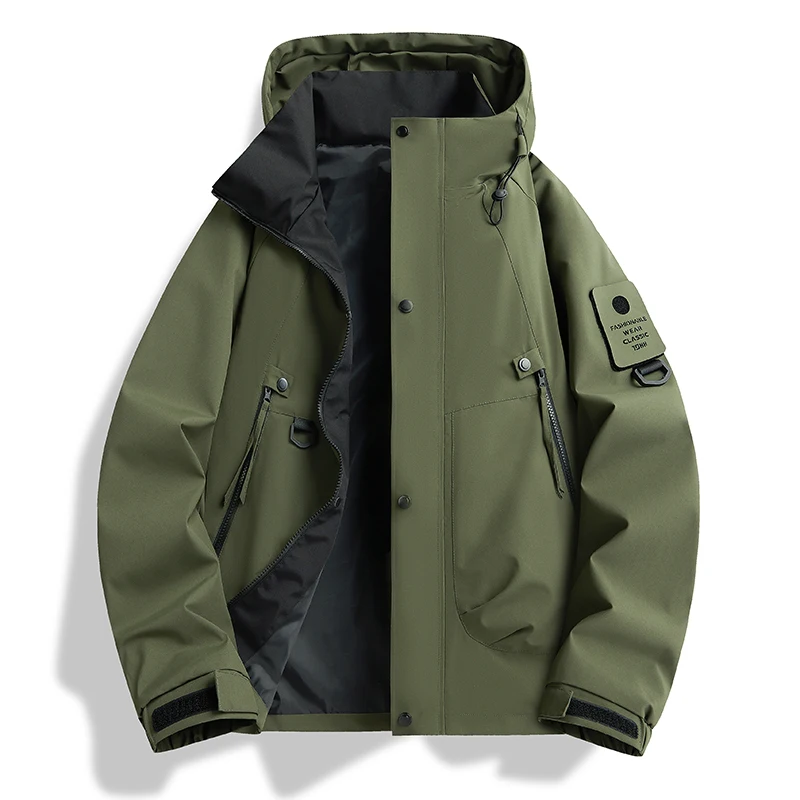 Herren Kapuzen-Windbreaker-Jacke, wasserdicht, mit Reißverschluss, Druckknopf-Armpatch-Design, mehrere Taschen, locker geschnitten, für Outdoor, Wandern, Camping, Alltag. – Detail 5
