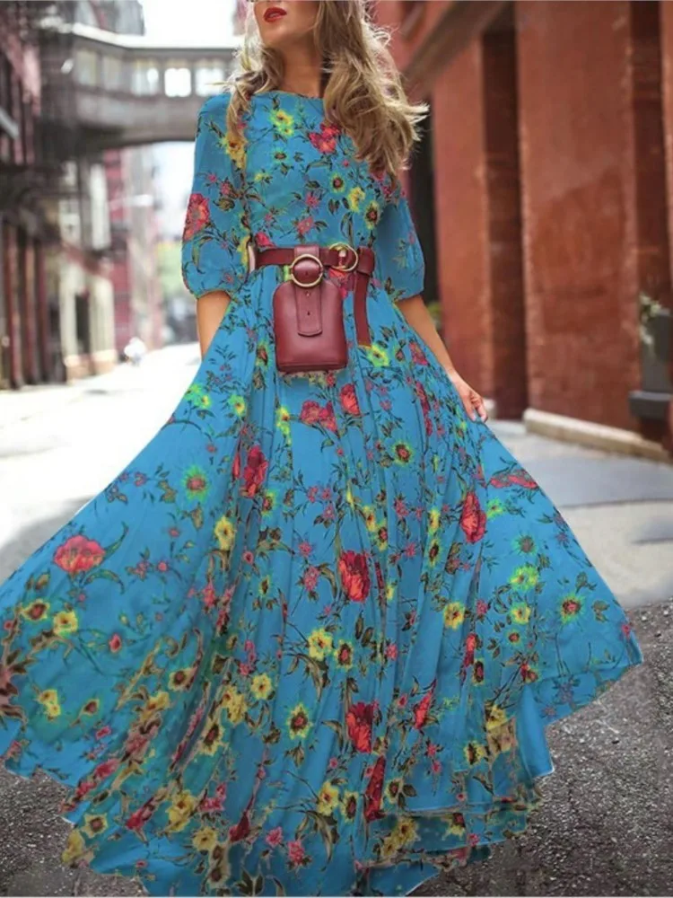 

Women's Fashion Printed Comfortable Casual Dress Summer Elegant Slim Intelligent Style Mid-waist Commuting Round-neck Long Skirt