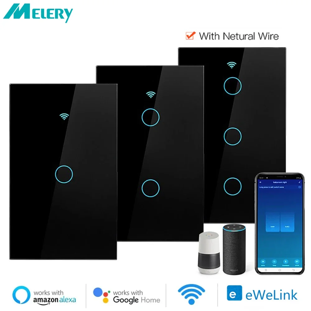 Melery Smart WIFI Light Switch US Brasil Ewelink Wall Interruptor Touch Sensor Glass Panel Remote by App Alexa Google Home