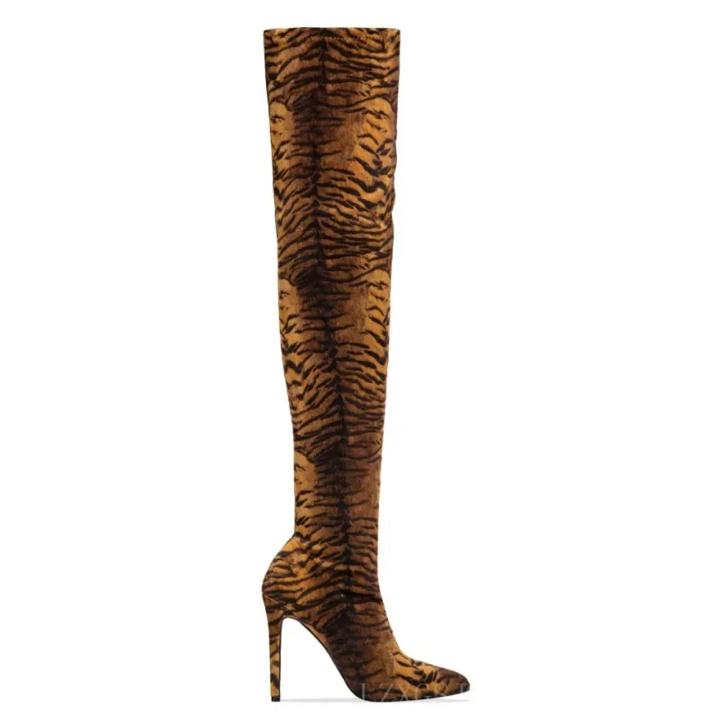 2024 New Sexy Over The Knee Long Boots Leopard Flock High Heels 11CM Thin Heels Side Zipper Street Style Long Boots for Women