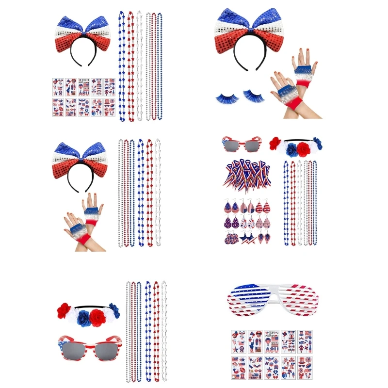 Independence Day Hairband Glasses Blue red Silver Patriotic Beaded Necklaces