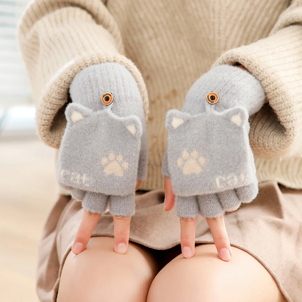 

Cartoon Cat Paw Gloves Touch Screen Flip Cover Fingerless Gloves Winter Warm Women Half-finger Knitted Gloves Riding Writing