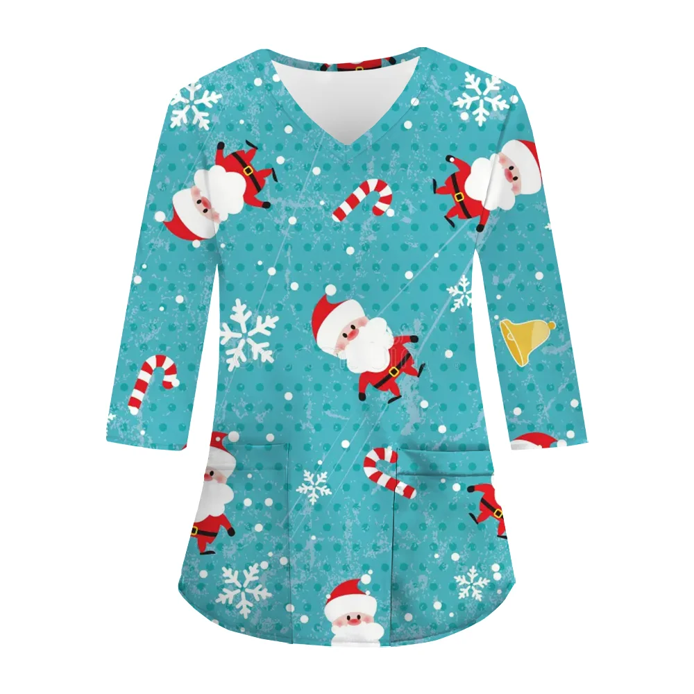 Klinisch uniform Vrouw Kerstsneeuwman Cartoon Print Casual Dierenarts Medico Tee V-hals Patch Pocket Tops Tandheelkundige scrub Medische vrouw