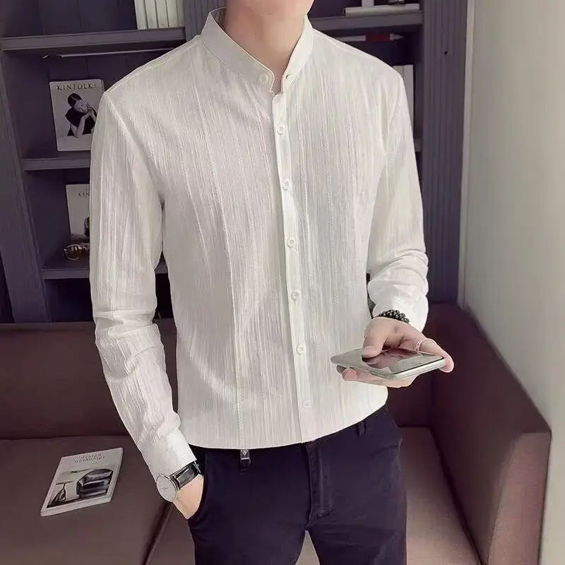 

Slim Fit Long Sve irt Men's Casual Busin Versatile Faionable Briti Sle irt k Stripe Stand Collar