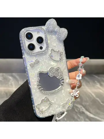 3D Cute Cartoon Sanrio Hello Kitty Glitter Phone Case For iPhone 16 15 14 13 12 11 Pro Max Shockproof Hard Makeup Mirror Cover