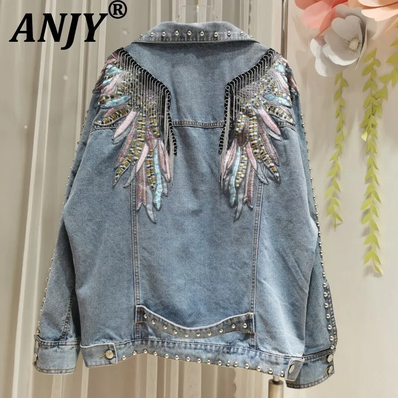 

ANJY Autumn New Women Chic Denim Jacket Tassel Rivet Beaded Embroidery Single Breasted High Street Elegant Casual Y2K Coat A9517
