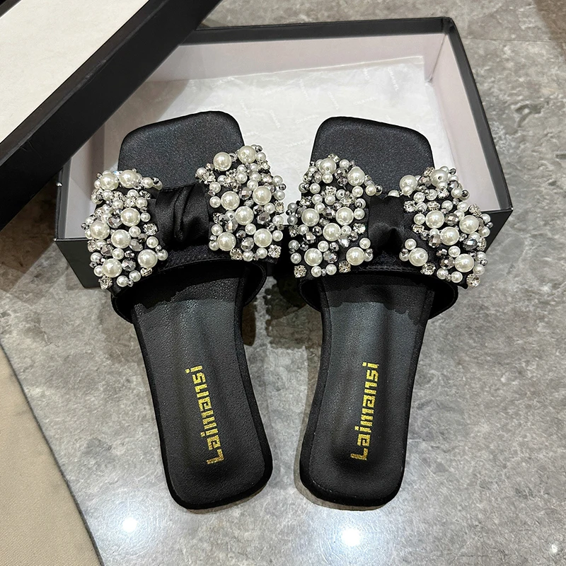 2024 NEW Fashion Comfort Casual Simple Women's Shoes Open Toe Round Toe Summer Beach Slippers Women's Solid Bow Diamond Sandals