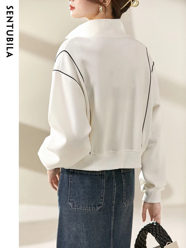 SENTUBILA Casual Cropped Jacket Women Spring Autumn Fashion Loose Stand Collar Jackets Top Zippers Female White Coats 131W45929