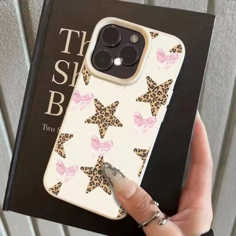 Leopard Star Pink Bowknot Print Phone Case For Samsung S24 FE A56 A34 A55 A54 A35 A36 S26 S25 S23Ultra A15 A16 A17 A07 A06 A26