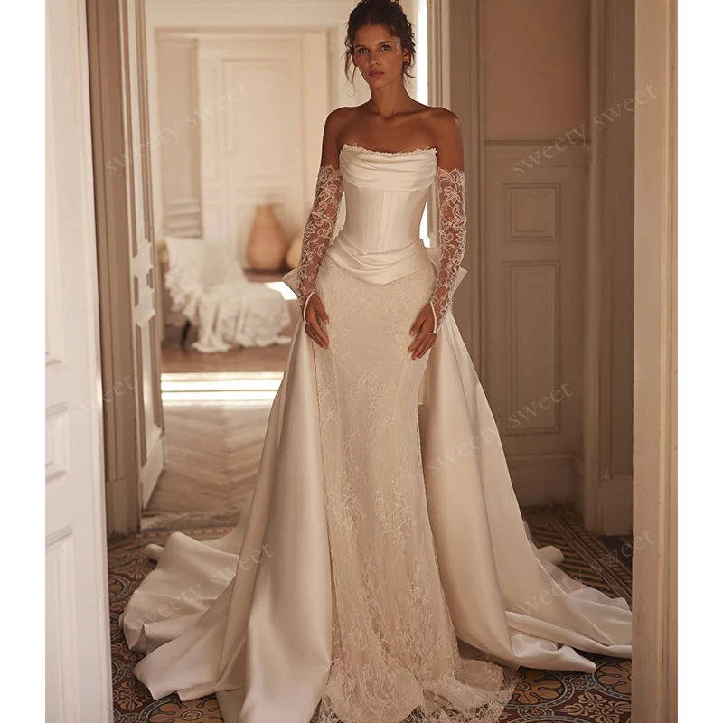 Luxury Detachable 2 In 1 Wedding Dress Embroidered Lace On Net With Mermaid O-Neck Fullsleeve Bride Customized  Vestido De Novia