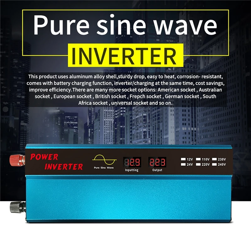 

1000W DC 12V To AC 220V Pure Sine Wave Inverter With Dual Digital Display For House Car Universal Socket Transformer Converter