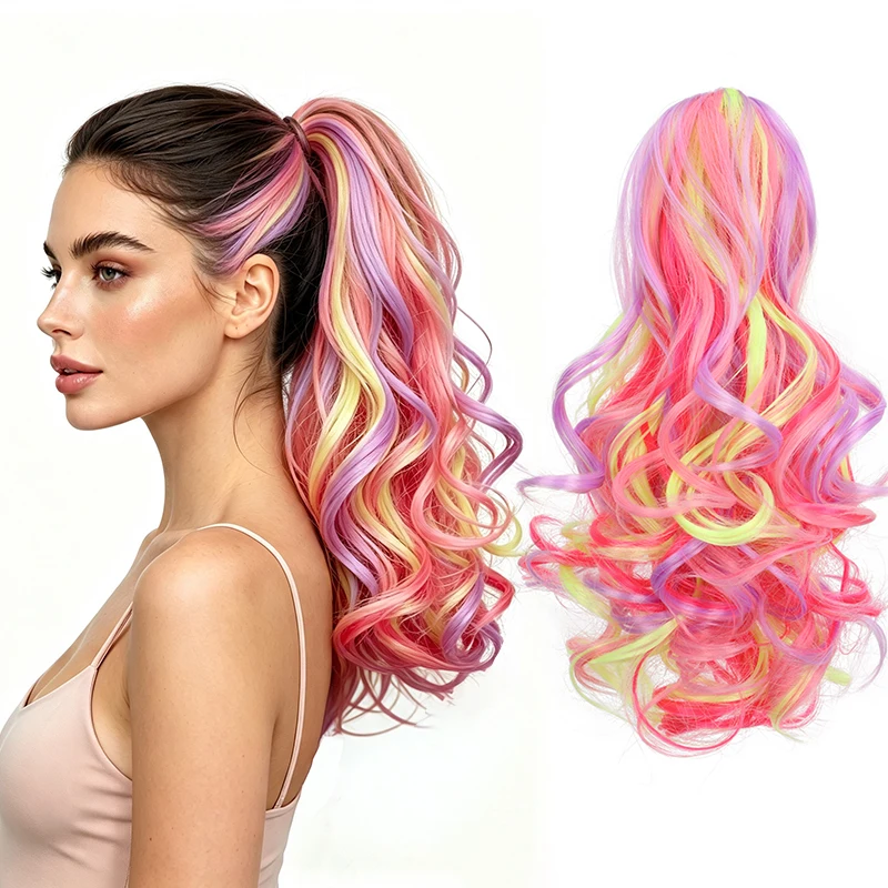 14Inch Synthetic Short Curly Rainbow Ponytail Hair Extension Claw Clip in Multicolor Hairpiece for Women Cosplay Party Halloween