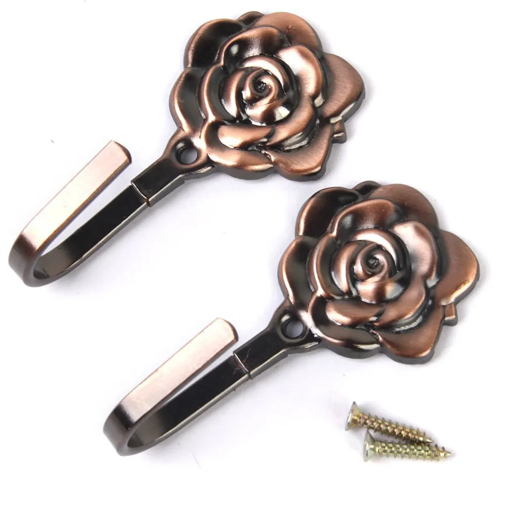 2Pcs Classic Rose Design Curtain Hooks Bronze Metal Tieback Hooks for Hats Clothes Doors Walls Elegant Home Decor