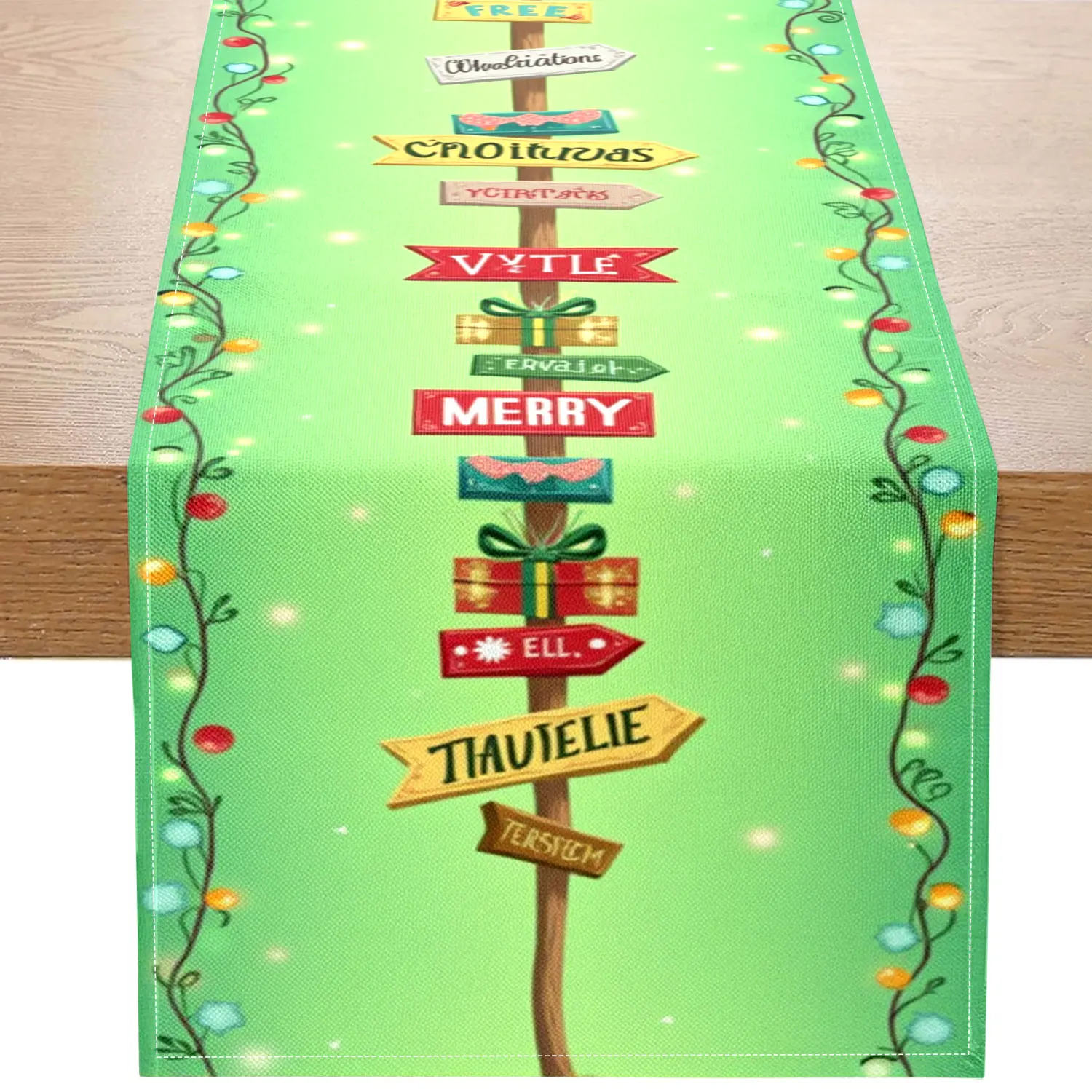قطعة واحدة من مفرش طاولة بطابع عيد الميلاد، تتميز بعلامات ملونة وعناصر ضوئية، مناسبة لحفلات عيد الميلاد ومشاهد تزيين المنزل الاحتفالي #1