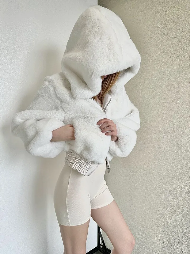 2024 Autumn Winter Women Fur Coat Short Hooded Cute Loose Fur Jacket Female