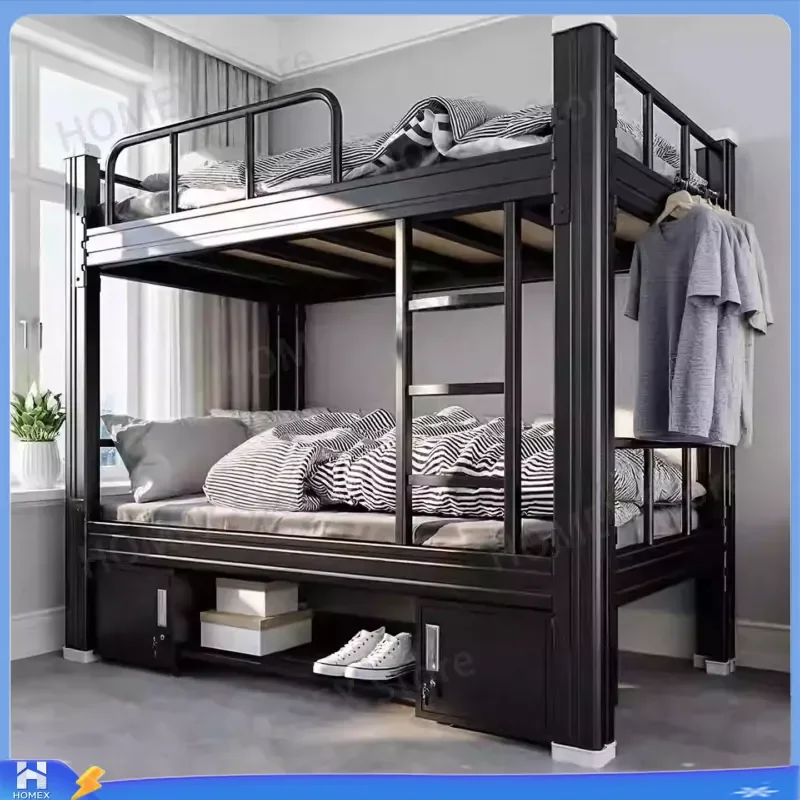 Heavy Duty Wrought Iron Bunk Bed Twin Over Twin Metal Frame High Low Loft Bed for Students Staff Dormitory Space Saving