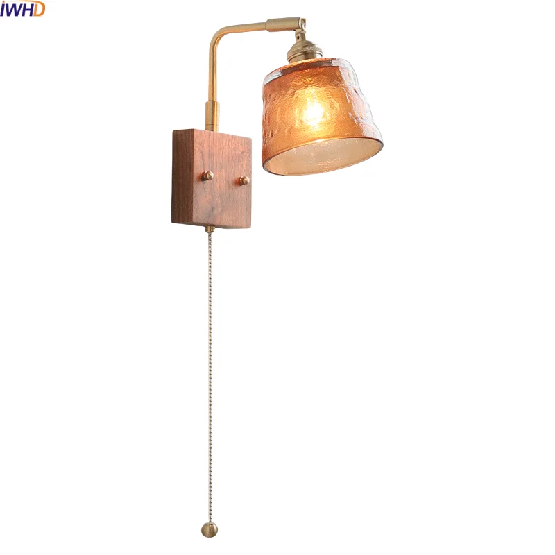 

IWHD Glass Wood LED Wall Lights Mirror Bathroom Lighting For Living Room E27 Bulb Up Down Rotate Wabi Sabi Bedside Lamp Arandela