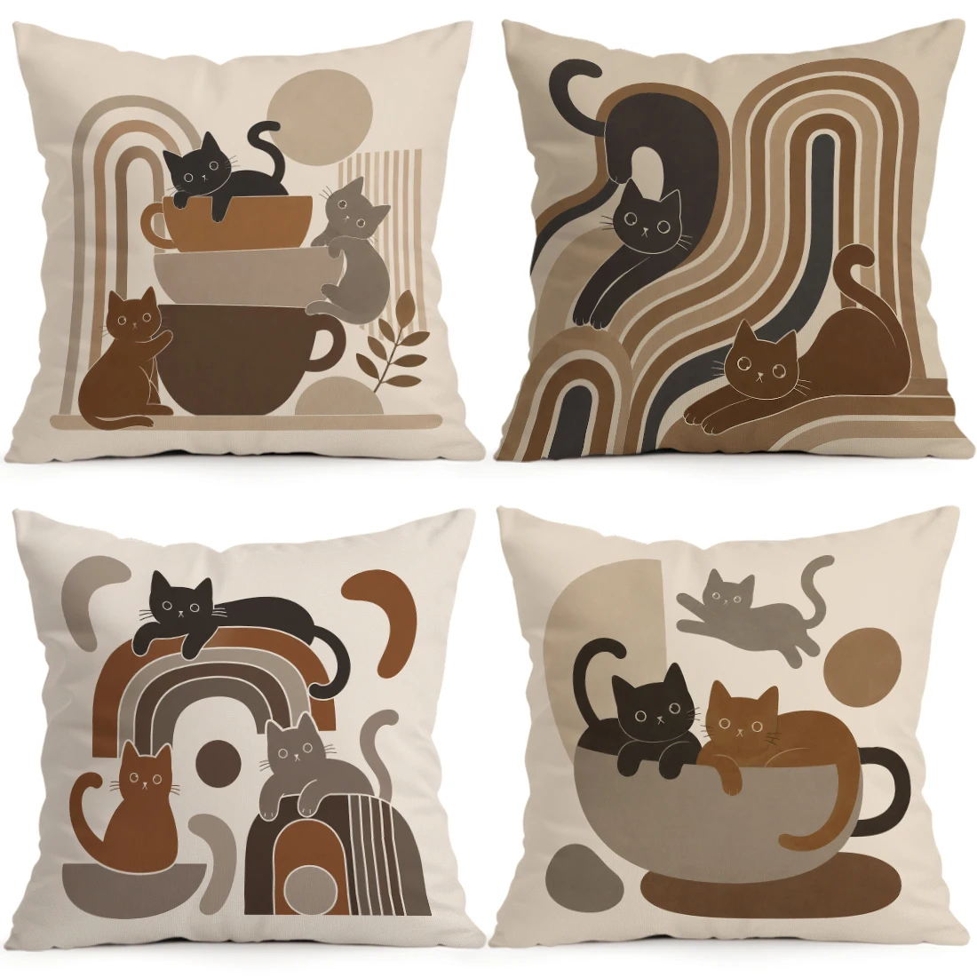 Retro Coffee Colored Cat Geometric Cushions Pillowcase Polyester Cushion Cover Throw Pillow Pillowcover Home Car Sofa Decor