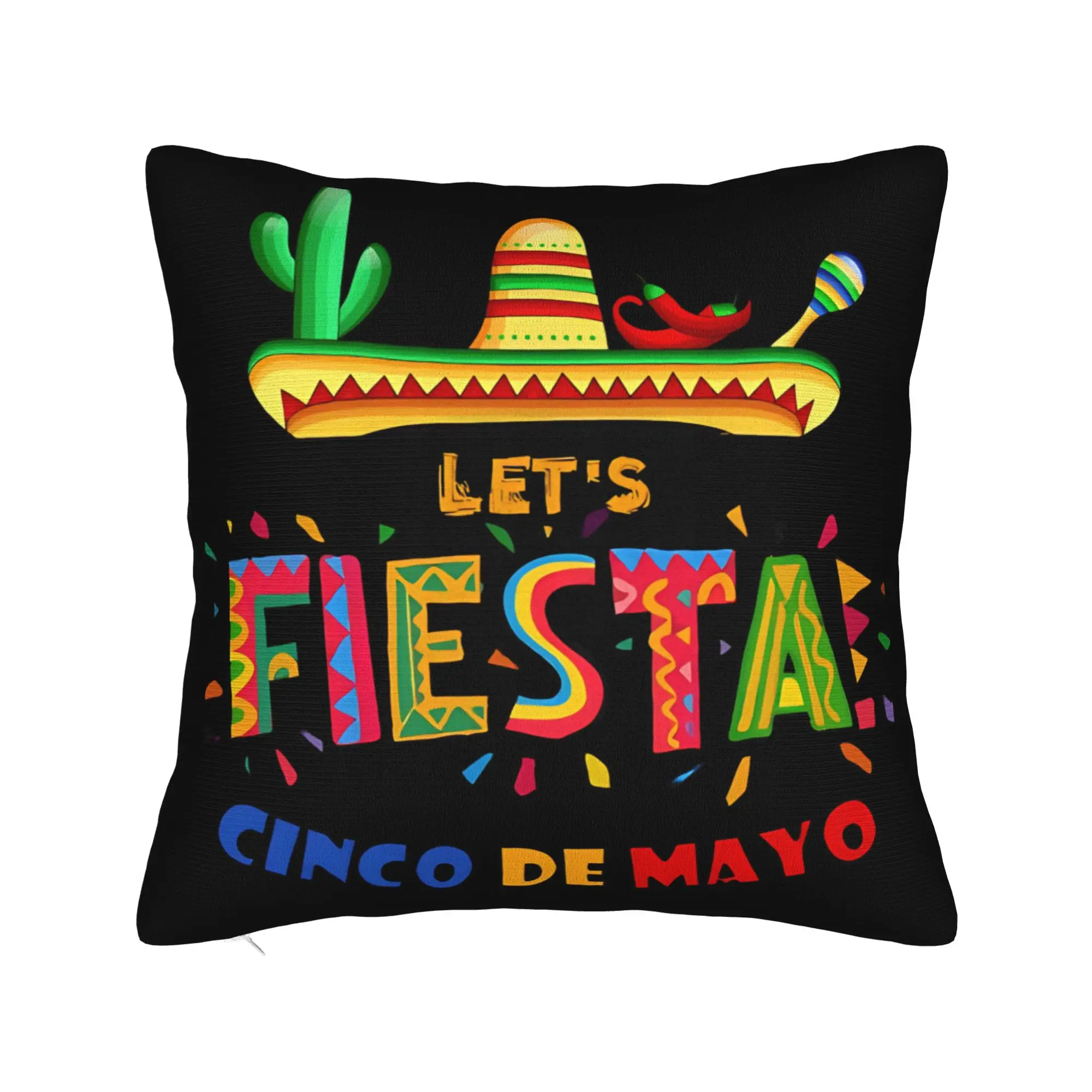 Pillow Cover Let's FIESTA Party Printed Mexican Amigo Cinco De Mayo Sombrero Retro Trendy Pillow Case For Sofa Home Decoration