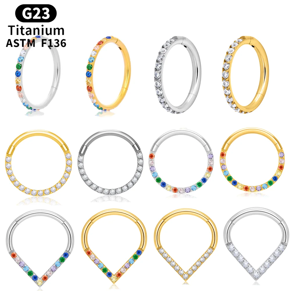 G23 Titanium Piercing Nose Rings Rainbow CZ 16G Septum Clicker Tragus Cartilage Helix Lobe Daith Segment Women Earrings Jewelry