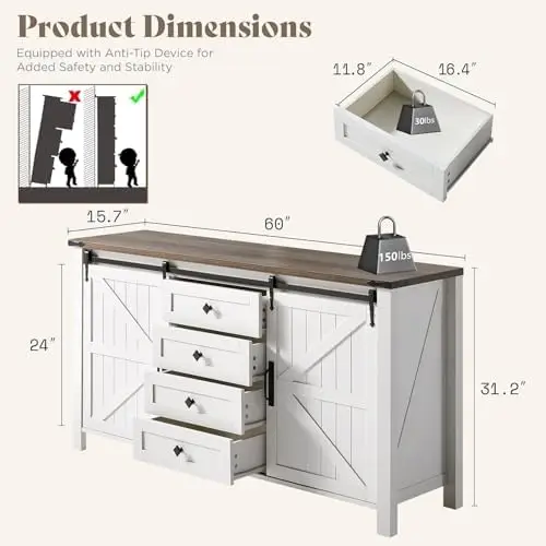 3-Piece White Bedroom Set with 4-Drawer Dresser & 2 Nightstands | Distressed White, Farmhouse Furniture Set, Sliding - view 2