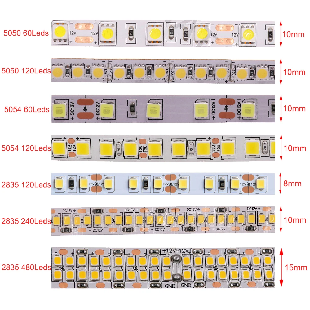 Bande lumineuse LED flexible, 12V, 24V, 2835, 5050, 5054, 5m, RVB, blanc, rose, rouge, bleu, ruban adhésif, 120LED, 60LED, 480LED, décoration étanche