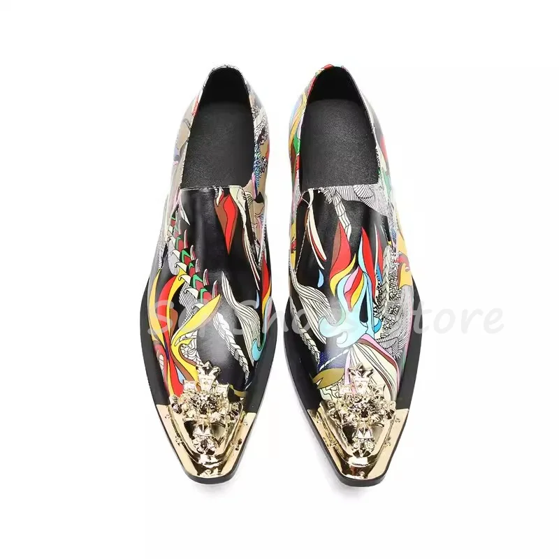 Colorful Graffiti Prints Metal Toe Splicing Leather Shoes for Men Fashion Chunky Heel Shallow Slip-On Loafers Male Party Shoes