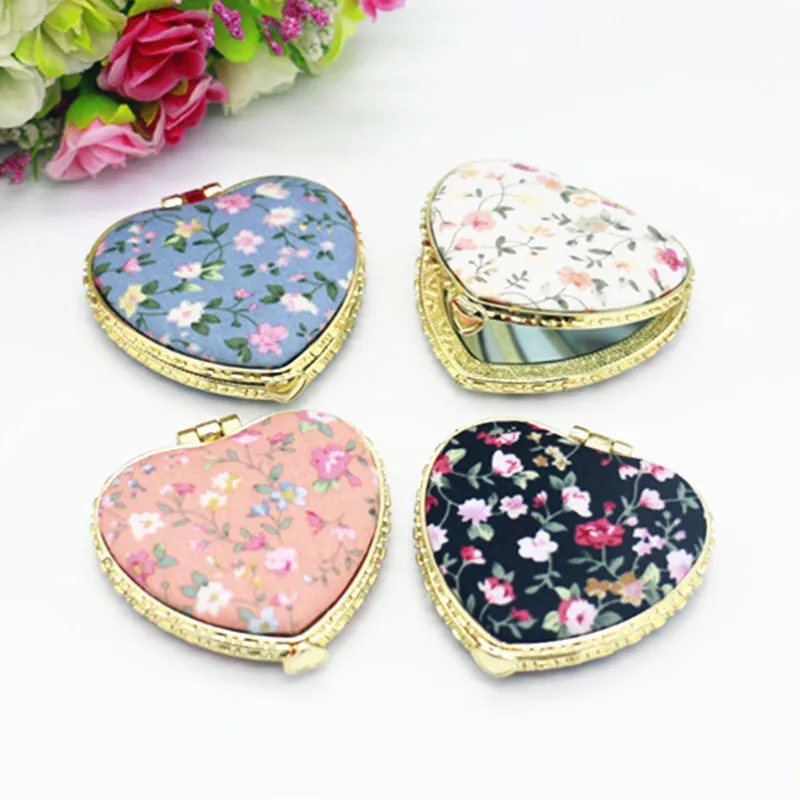 GU385 Makeup Mirror Folding Flower Vintage Two-side Folding Round Heart-shaped Floral Cloth Pocket Mirror Portable Mini Cosmetic