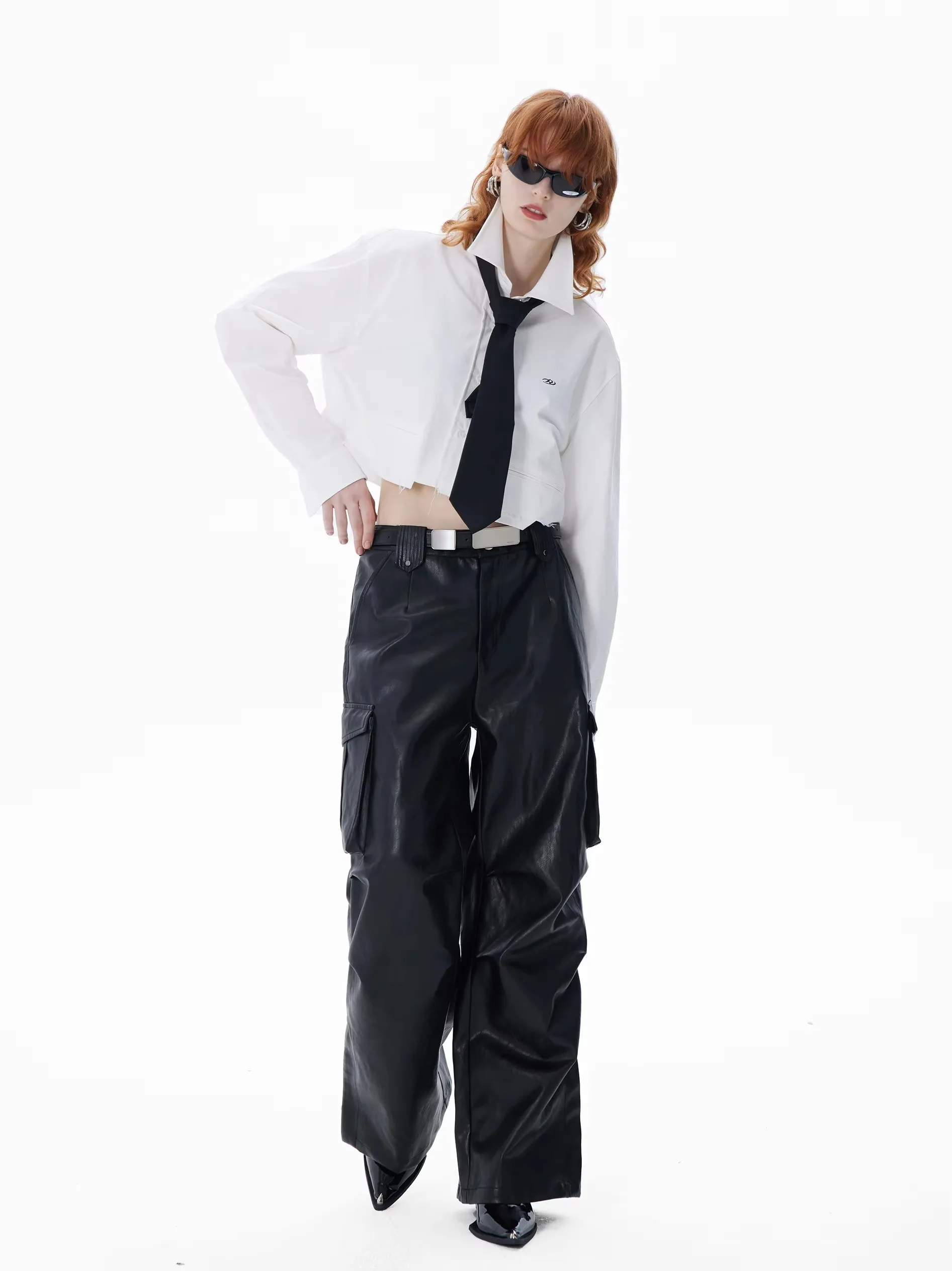 27-46 New 2025 Men Women Clothing GD Personality Multi-pocket High Street Overalls Wide Leg Leather Pants Plus Size Costumes