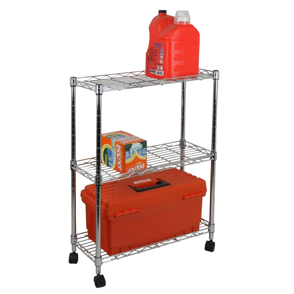 3-Tier Chrome Utility Cart Adjustable Shelving Rolling Storage Cart with Raised Borders Durable Steel Easy Assembly Home Office