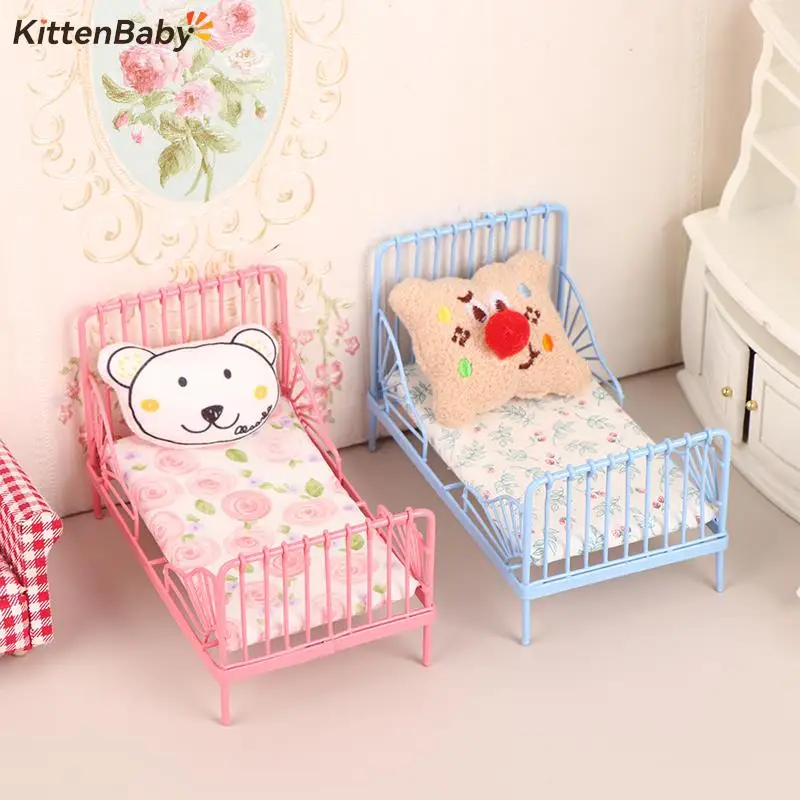 1Set Dollhouse Miniature Iron European Bed With Mattress Bear Pillow Furniture Bedroom Decor Toy Doll House Accessories