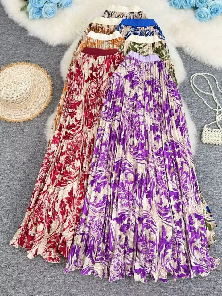 2026 Summer Bohemian Floral Casual Pleated Skirt Women High Waist A-line Elegant Versatile Beach Party Long Skirt