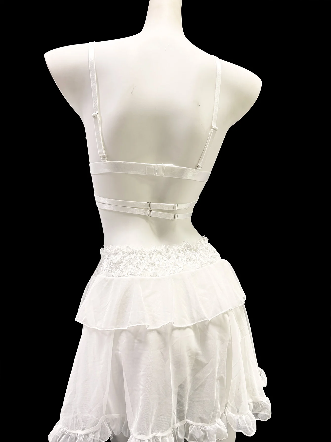 White Lace Semi Sheer Lingerie 3 Piece Set Floral Lace Bra Layer Ruffle Mesh Mini Skirt Matching Thong Sexy Women Intimate Sleep