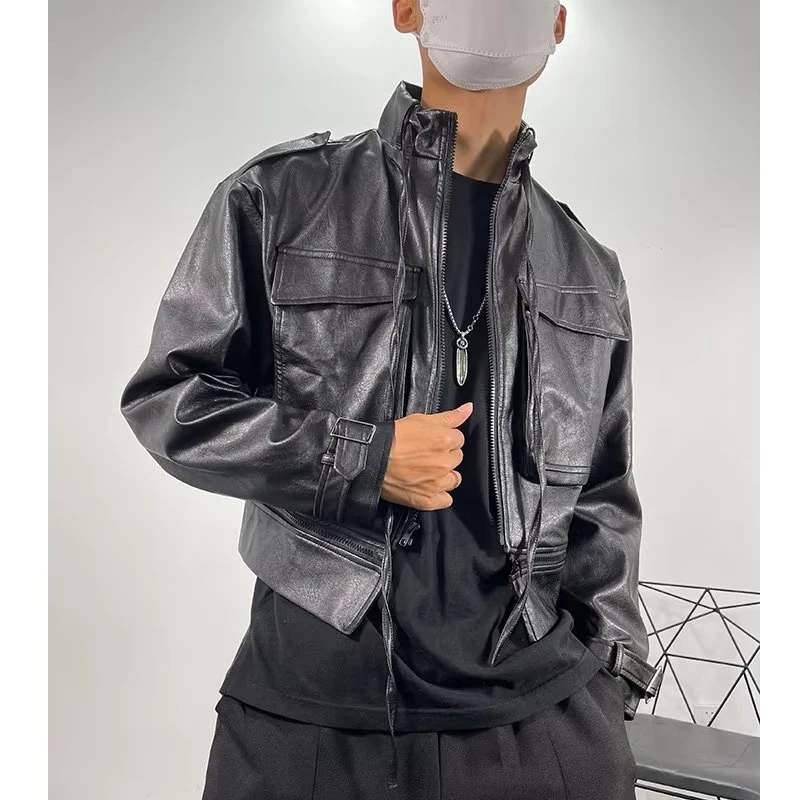 

Retro Glossy PU Leather ort Jaet Men's Casual Zipper Biker Sle Slim Fit Collar Workwear Coat Youthful Vitali Sle