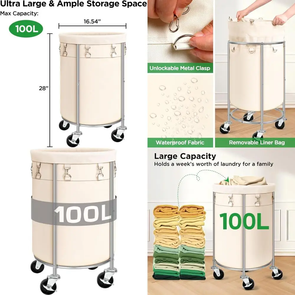 

Корзина для белья на колесиках 100 л с выдвижным мешком для организации дома, бежевая