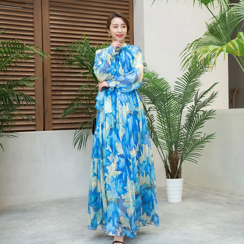 Fashionable Blue Maple Leaf printed Chiffon Maxi Dress Long  sleeved High Neck Style for Casual Day - outs and Vacation Looks