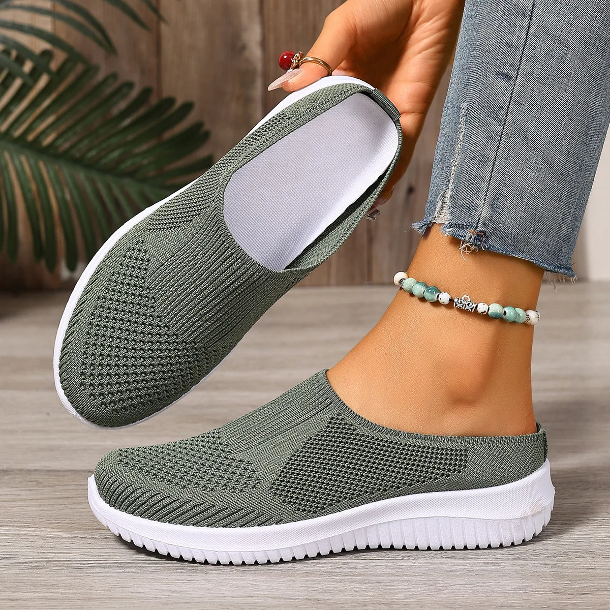 Polyester Rückenfreie Slip-On Mules für Damen, Atmungsaktiv, Rutschfest, Weiche EVA-Einlegesohle, Niedriger Absatz, Tägliche Geh- und Freizeitschuhe – Detail 6