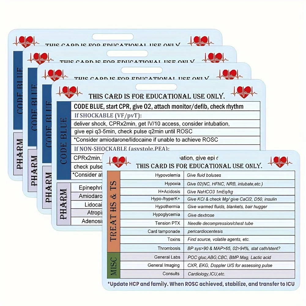 5Pcs Heart Reference Card Heart CPR Code Blue EMT/RN/MD Tag for Medical 2.9x4.1Inch ACLS Survival Card for Medical Professionals