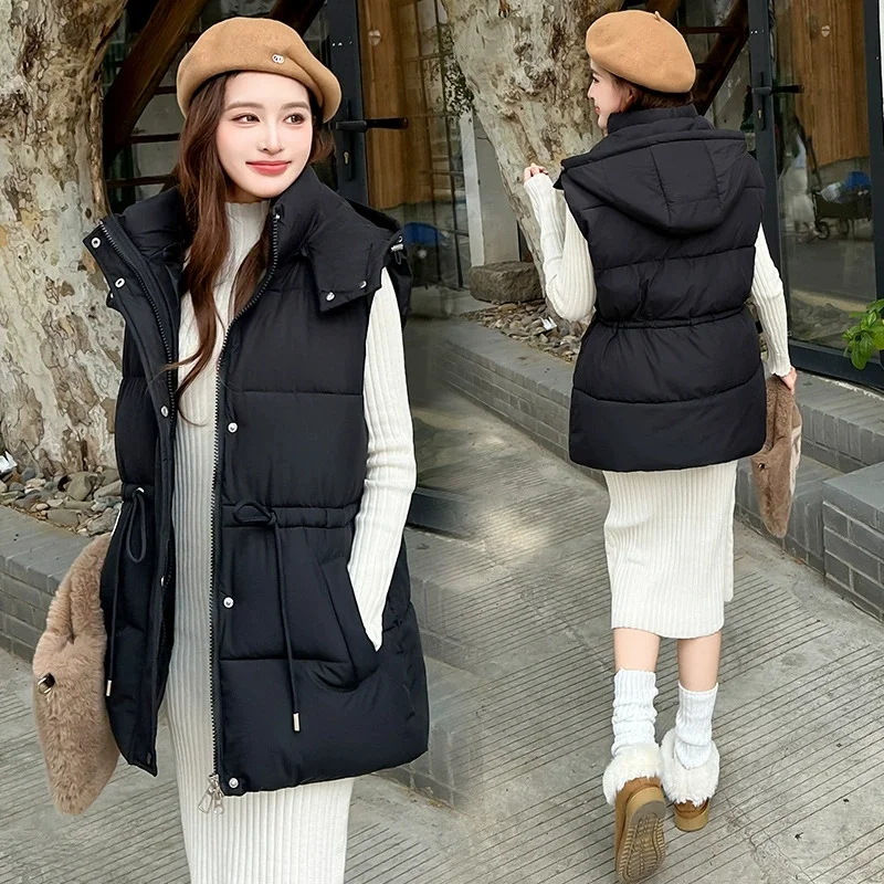 New Autumn Winter Women Puffer Parkas Vest Fashion Warm Black Hooded Mid Long Down Coat Parka Ladies Sleeveless Waistcoats