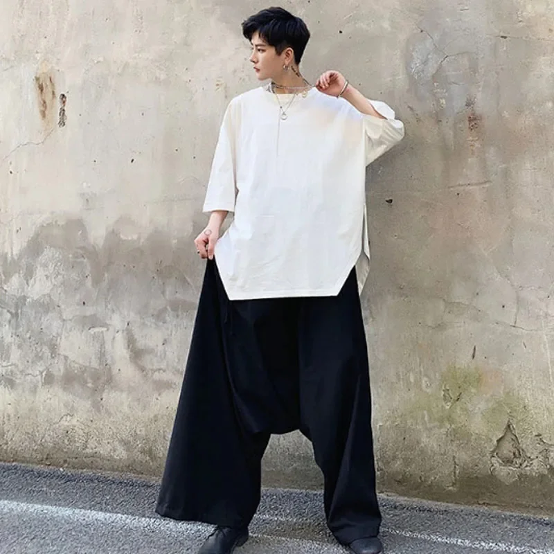 Homens estilo japão kimono design assimétrico solto casual preto cruz calças masculinas hip hop streetwear harem de perna