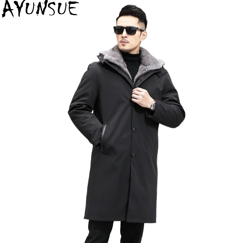 AYUNSUE High-end Real Mink Fur Coat Men Luxury Winter 2026 Whole Mink Fur Liner Jacket Warm Hooded Natural Fur Parkas chaqueta
