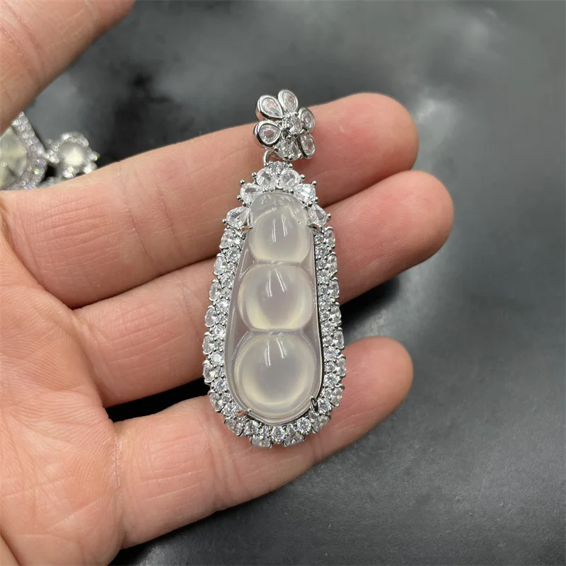 Inlaid High Ice White Chalcedony Maitreya Buddha Pendant Ice White Agate Green Bean Pendant Lucky Bag Water Drop Jade Pendant