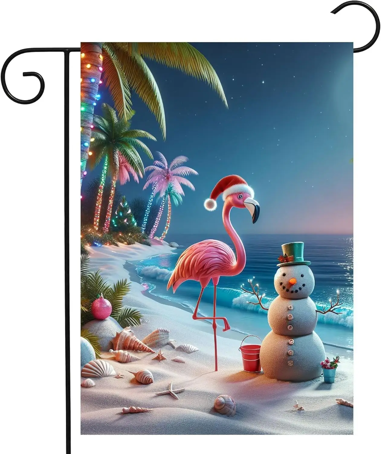 Tropical Christmas Flamingo with Santa Hat Sand Snowman Seaside Palm Tree Garden Yard Flag 12