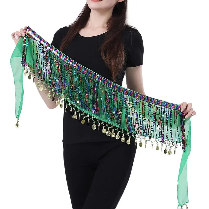 Adult Bling Belly Dance Hip Scarf Sequins Coin Bellydance Wrap Belt Skirt Fringe Dancewear Stage Costume Rave Outfit Lesson Suit