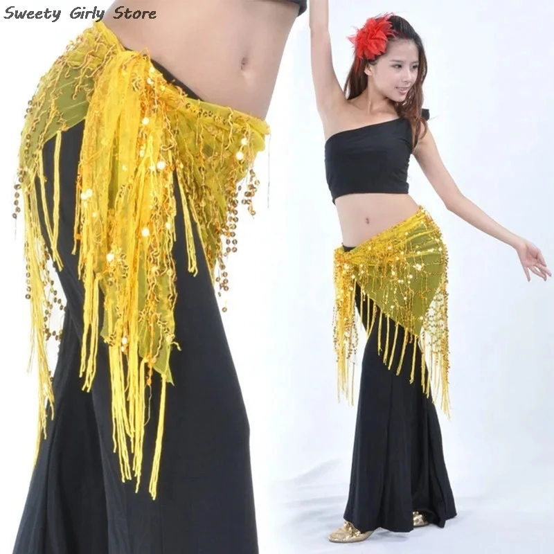 Sequins Coin Belly Dance Chiffon Skirt for Women Indian Dancing Practice Performance Hip Scarf Waist Chain Shiny Belts Clubwear