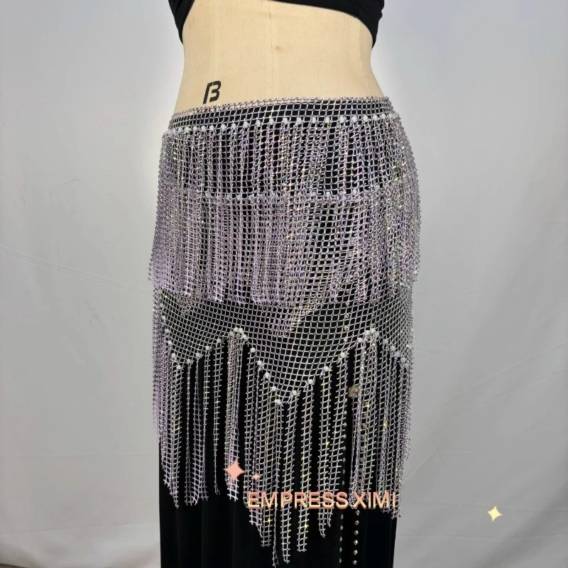 Aangepaste nieuwe buikdanskostuums mesh diamant taille ketting taille sjaal volledige diamant kwastje heupsjaal cloud exotische danskleding